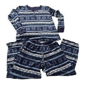 Nautica Womens Pajama Set Large Blue Fair Isle Snowflake Fleece Lounge PJs